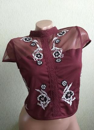Необычный топ с горловиной. топик вышивка. футболка американка с открытой спиной. марсала, бордовый.