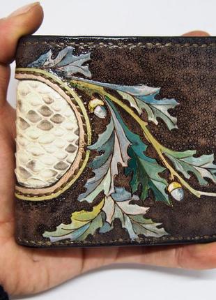 Чоловічий шкіряний гаманець з тисненням дубове листя