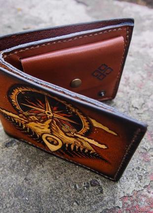Шкіряний рудий гаманець гори і компас5 фото