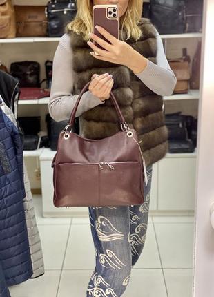 Шкіряна жіноча сумка італійська мягкая кожаная сумка бордовая италия3 фото