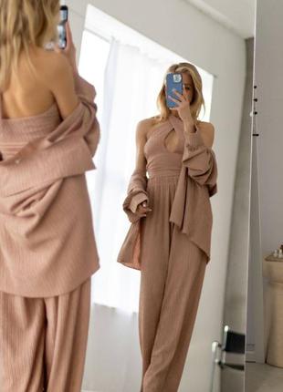 Жіночий костюм «dominica» (сорочка+топ+штани) віскоза жатка бежевий