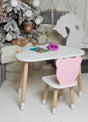 Білий столик хмарка і стільчик ведмедик дитячий рожевий. білос...8 фото