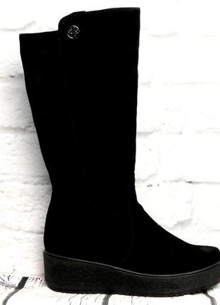Чоботи жіночі замшеві чорні зимові на танкетці foot step код-(...1 фото