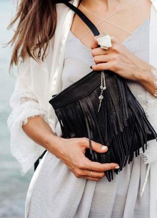 Жіноча шкіряна сумка через плече з бахромою міні крос-боді з н...3 фото