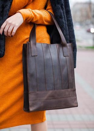 Шкіряна жіноча сумка-шопер, шопер із натуральної шкіри темно-к...7 фото