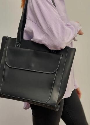 Жіноча шкіряна сумка-шопер, шопер із натуральної шкіри чорний