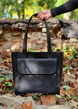 Жіноча шкіряна сумка-шопер, шопер із натуральної шкіри чорний2 фото