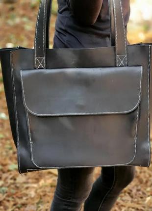 Жіноча шкіряна сумка-шопер, шопер із натуральної шкіри чорний3 фото