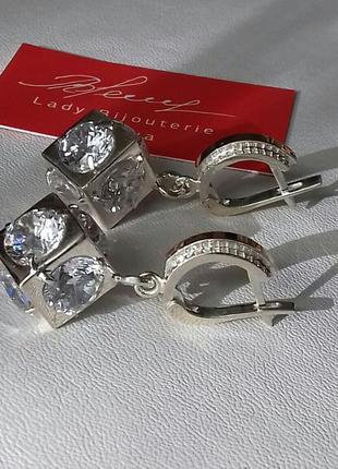 🛍 серьги серебро с золотом фианит белый кубики кубик золотая пластина