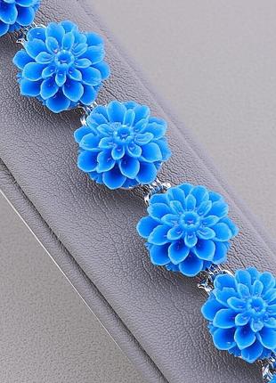 Браслет блакитна полімерна глина - хризантеми - довжина 18 см.2 фото
