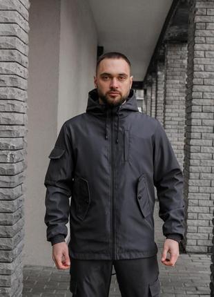 Мужская весенняя ветровка с капюшоном из облегченной площевой ткани softshell