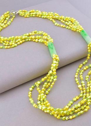 Намисто жовтий тонований перли, зелений агат натуральний, довж...