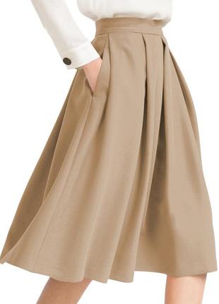 Пышная бежевая юбка миди diore в складку с защипами с подкладкой1 фото