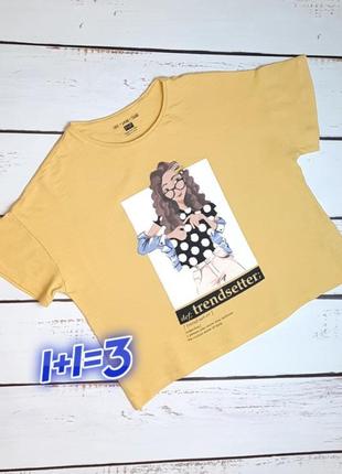 1+1=3 стильная желтая футболка из хлопка с девочкой f&amp;f, размер 44 - 461 фото