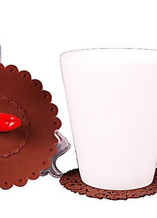 Чашка з силіконовою кришкою і підставкою, (коричнева)