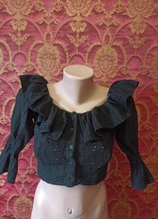 Черная блуза топ с полугонкой плечами из хлопка маленький 6 размер