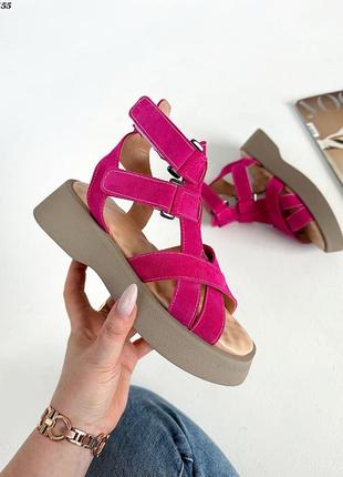 Жіночі босоніжки із натуральної замші колір фуксія 9155