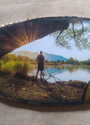 Картина фотокартина на зрізі дерева на рибальську тематику, ручна робота, подарунок7 фото