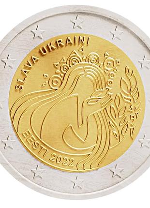 Монета эстонии, 2 евро, 2022 года, слава украине !5 фото