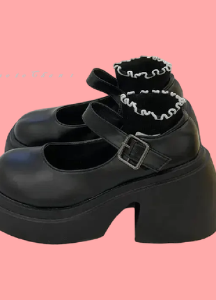 Японские школьные туфли на массивной платформе каблуке черные кожаные  матовые коспллей аниме