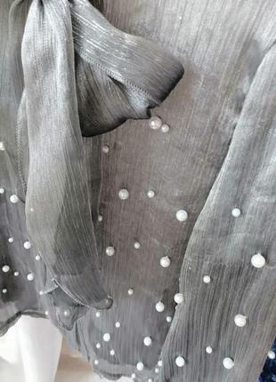 Ефектна ошатна блуза з прозорої сріблястої блискучої органзи заклепками перлами красивим шикарним ба3 фото