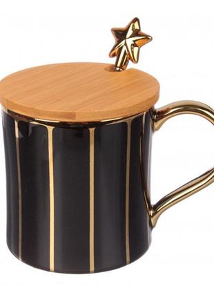 Чашка керамічна "black & gold", 420 мл. + ложечка і кришечка
