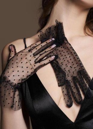 Перчатки рукавички черные фатин прозрачные длинные горох короткие1 фото