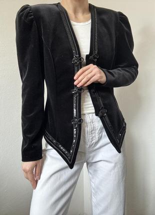 Велюровый пиджак с объемными рукавами жакет черный блейзер велюр жакет винтажный пиджак хлопок с бисером жакет5 фото