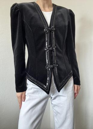 Велюровый пиджак с объемными рукавами жакет черный блейзер велюр жакет винтажный пиджак хлопок с бисером жакет1 фото