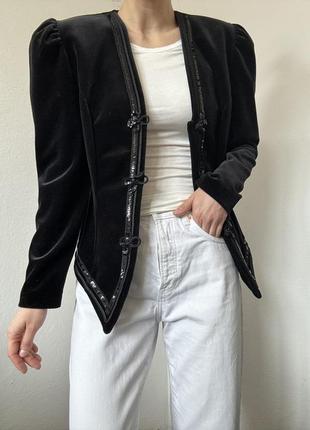 Велюровый пиджак с объемными рукавами жакет черный блейзер велюр жакет винтажный пиджак хлопок с бисером жакет7 фото
