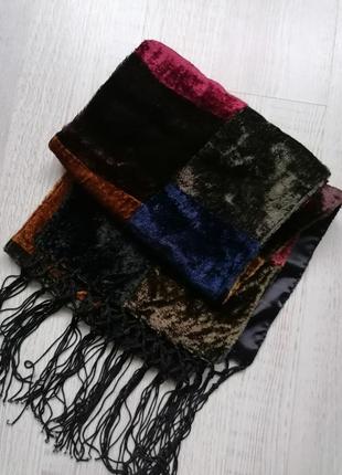 🍁бархатный шарф в стиле колор - блок 🍁длинный шарф с бахромой в стиле пэчворк4 фото