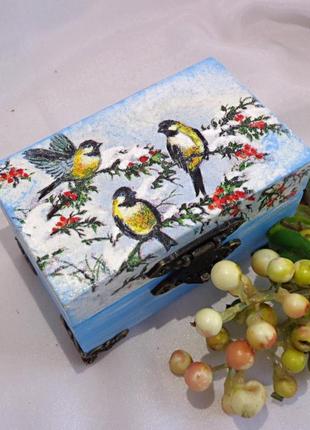 Скринька з дерева бонбоньєрка прямокутна в техніці декупаж "синички на гілці"