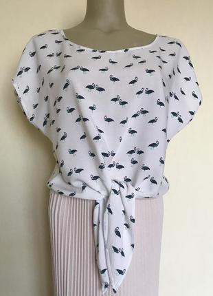 Вискозный топ-блуза с завязками с принтом фламинго warehouse 8/36 р.