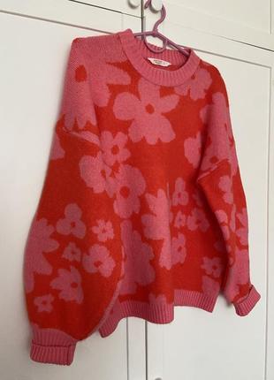 Объемный яркий свитер в цветочки, розовый красный свитерок с цветами, оверсайз свободный,кофта,джемпер6 фото