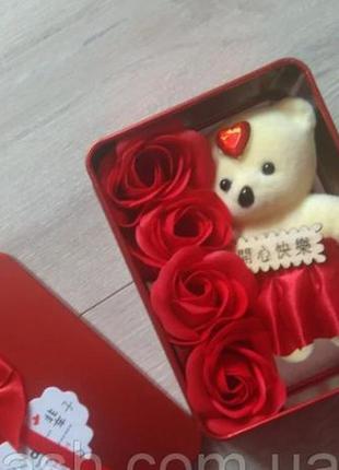 Троянди з мила + плюшевий ведмедик, подарунок на 8 березня2 фото