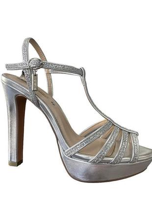Босоножки на каблуке с стразами серебро, кожаная стелька, итальялия2 фото