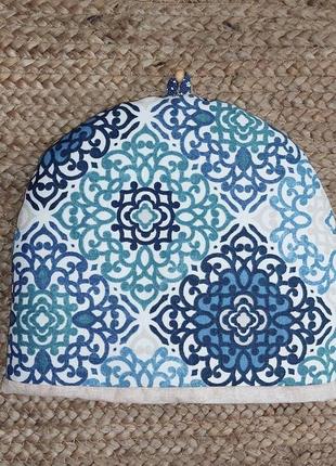 Грілка для чайника біоюзово-синя з марокканським візерунком1 фото