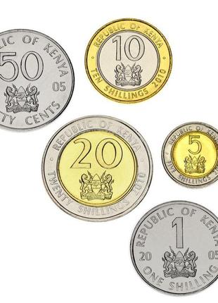 Кенія набір із 5 монет 2005-2010 unc 50 міліграмів, 1, 5, 10, ...