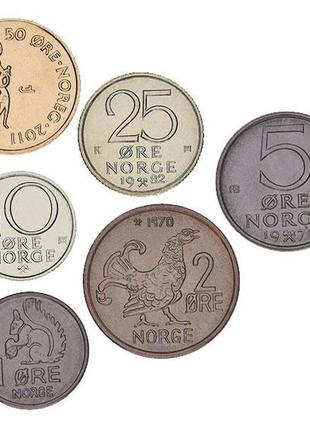 Норвегія набір із 6 монет 1970-2011 unc 1, 2, 5, 10, 25, 50 ере