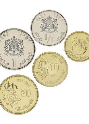 Марокко набір із 5 монет 1987 au-unc 5, 10, 20, 50 сантим, 1 д...