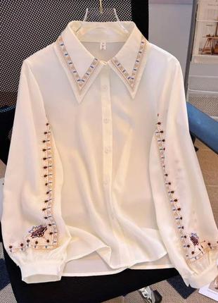 Блуза-рубашка женская с вышивкой xinbaoni белая6 фото