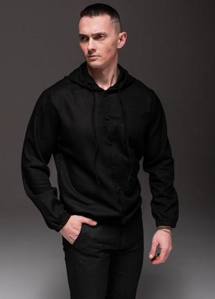 Черная мужская льняная рубашка с капюшоном5 фото