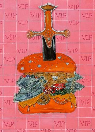 Картина luxury burger, поп арт, розовый, золотой, стильная, деньги, биткоин, популярная, ручная работа, на подарок, интерьерная2 фото