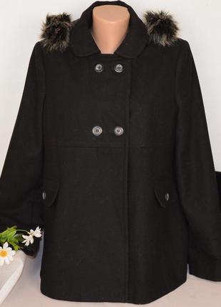 Черное шерстяное демисезонное пальто полупальто с меховым капюшоном next вьетнам1 фото