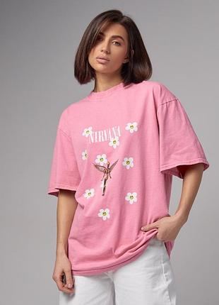 Женская розовая футболка с цветами нирваная, nirvana oversize оверсайз one size
