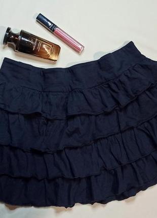 Красивая короткая юбка с оборками тёмно-синего цвета1 фото