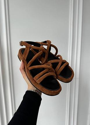 Босоніжки — римлянки жіночі замшеві, сандалі з палітурками, натуральна замша, коричневі