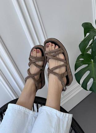 Босоніжки — римлянки жіночі замшеві, сандалі з палітурками, натуральна замша, капучино