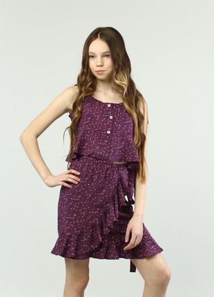 Дитячий стильний літній костюм для дівчинки спідниця підлітка на запах і топ софт фіолет