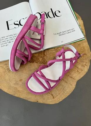 Босоножки - римлянки женские замшевые, сандалии с переплетами, натуральная замша, розовые7 фото